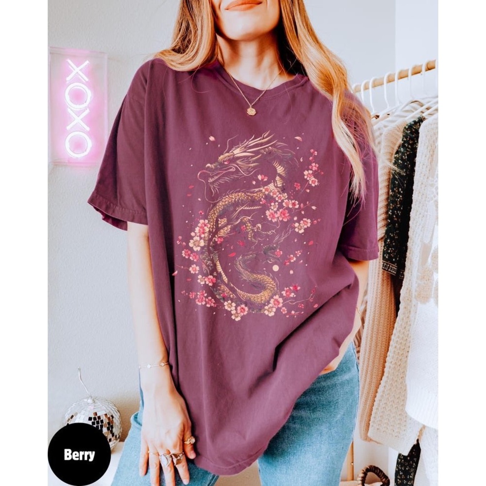 Comfort Colors Cherry Blossom Dragon Graphic Tee, Purple Medium | Sakura tattoo